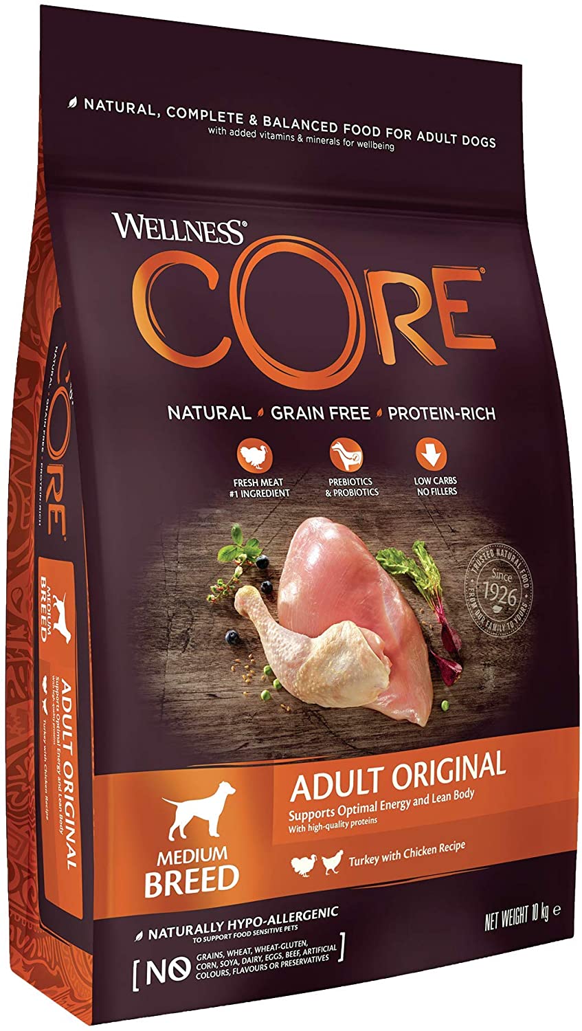 Wellness Core וולנס קור אוריגינל ללא דגנים - הודו עם עוף - לכלבים בוגרים מגזע בינוני